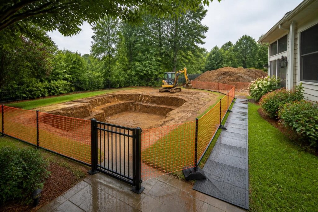Pool excavation safety planning homeowner checklist showing a secured open work area in a North Carolina backyard