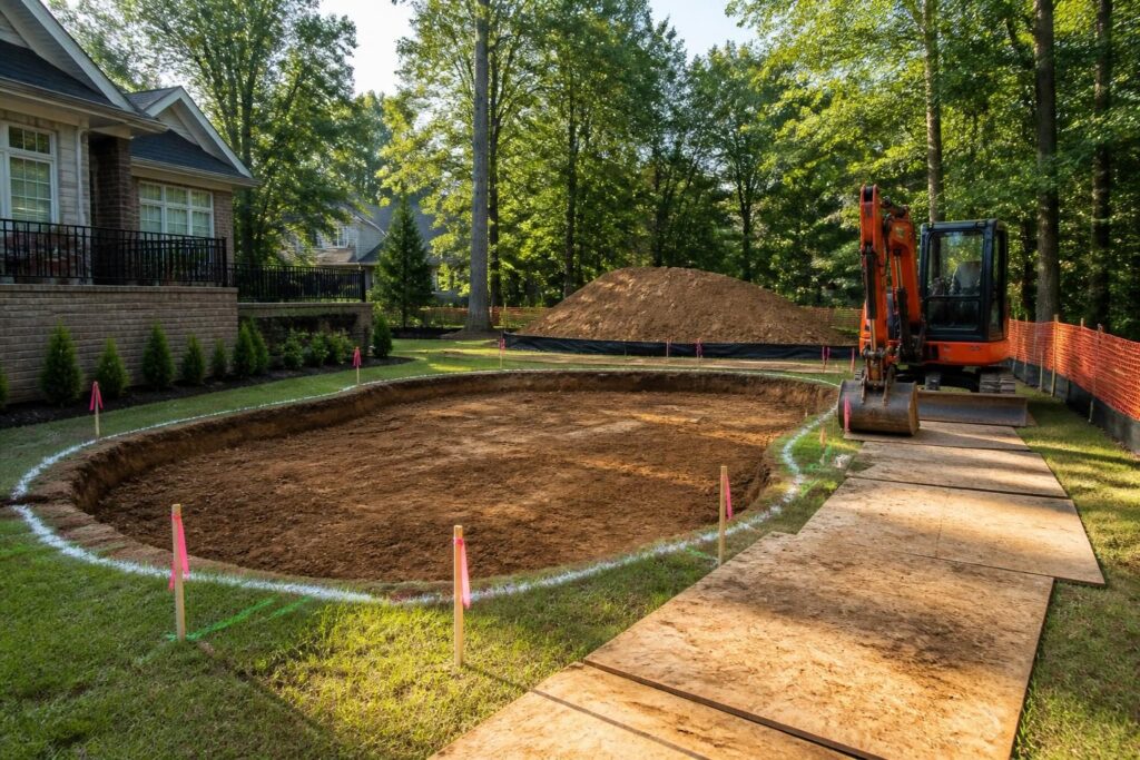 Pool excavation shoring questions North Carolina homeowners reviewing a marked backyard excavation area and safe access plan