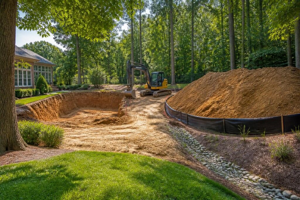Pool excavation soil storage and removal planning in a North Carolina backyard with an organized stockpile and access route