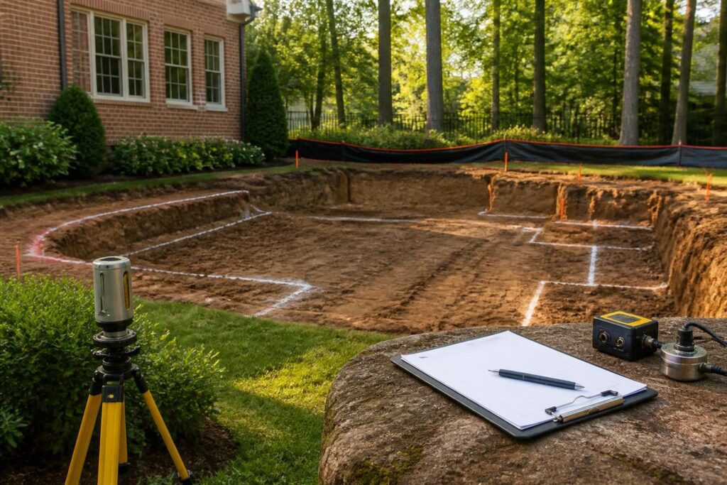 Pool excavation vibration monitoring North Carolina homeowner documentation near a residential foundation