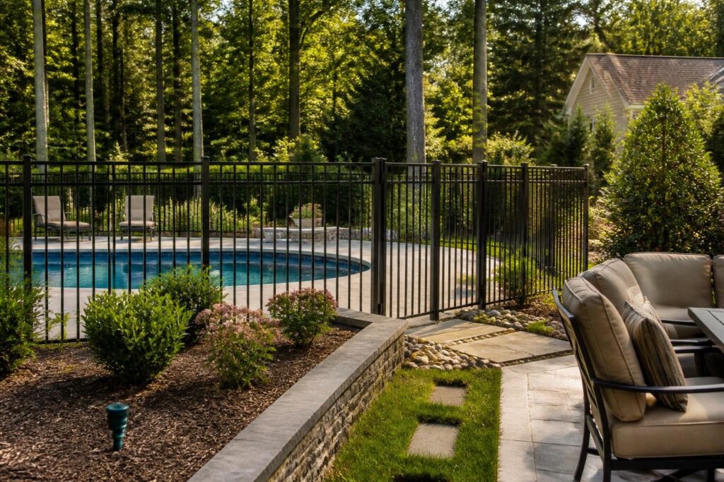 Pool fence inspection after landscaping changes showing a residential barrier, gate, planters, retaining edge, and clear space in a North Carolina backyard