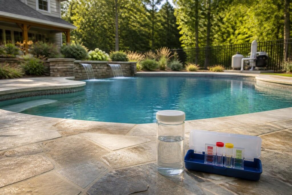 Pool fill water testing North Carolina sample kit beside a newly filled residential pool