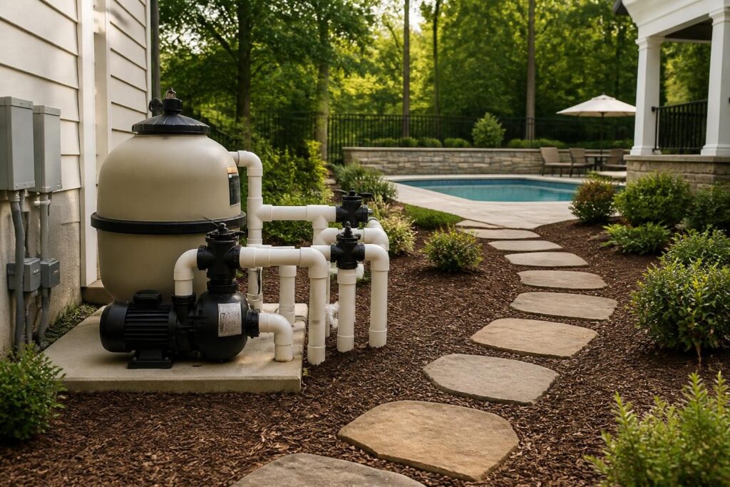 Residential pool filter access planning questions shown in a clear North Carolina equipment area