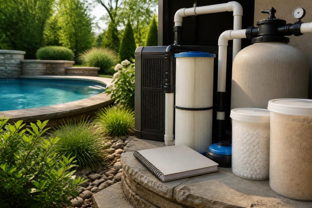 Pool filter media replacement records beside residential cartridge, sand, and DE filter equipment in North Carolina