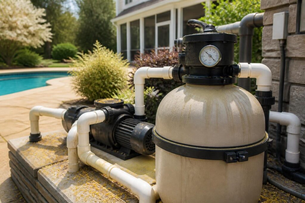 Pool filter pressure gauge troubleshooting safely at a North Carolina residential pool equipment pad