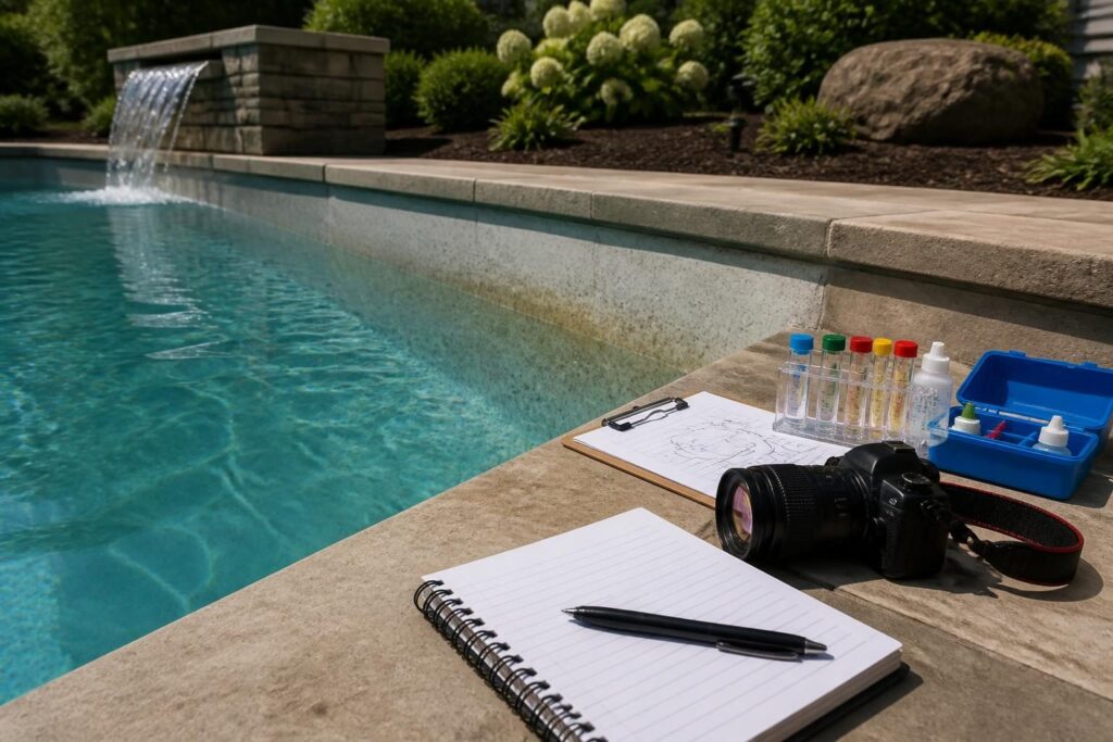 Pool finish stain investigation log beside a residential pool with a documented plaster surface mark