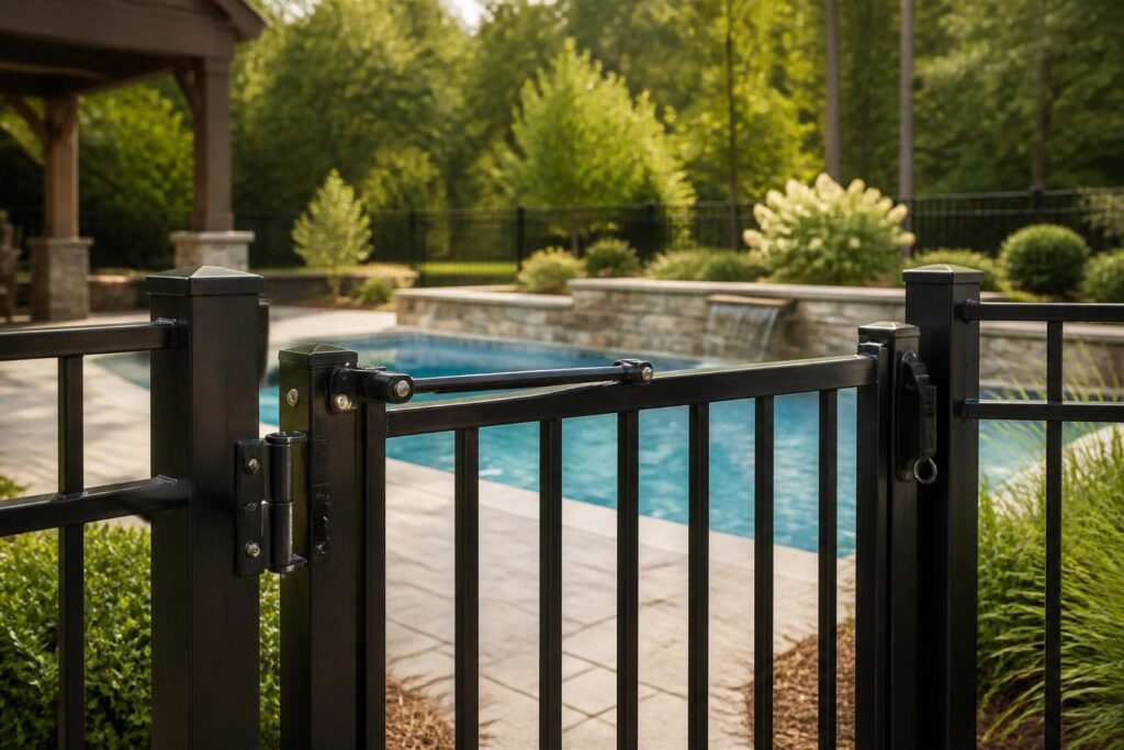 Residential pool gate showing alignment and latch for pool gate self closing adjustment questions
