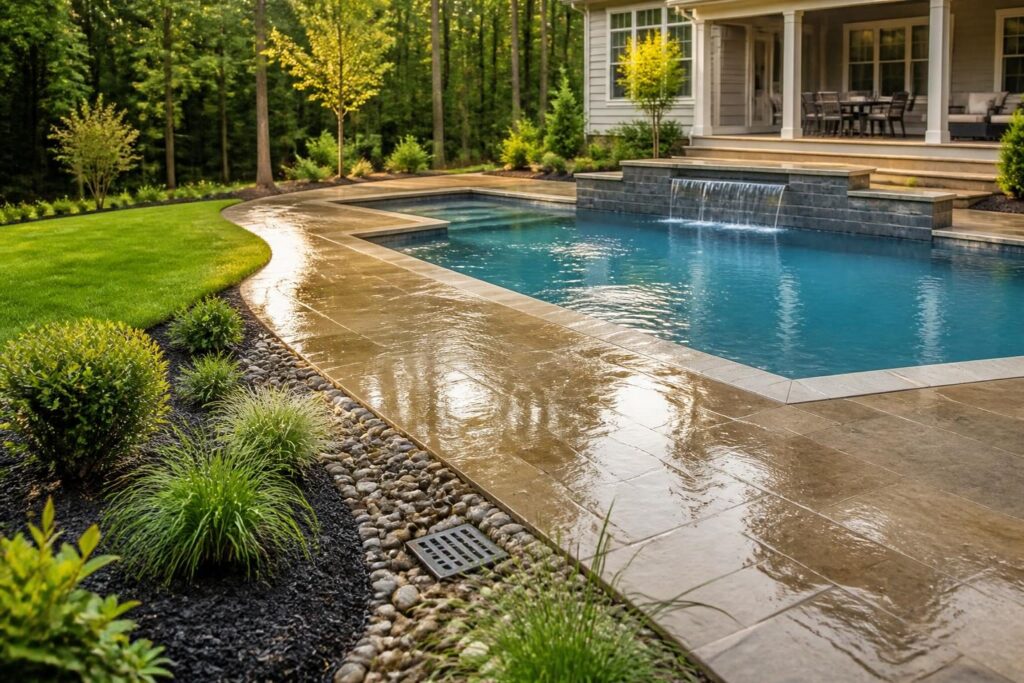 Pool grading after construction North Carolina observed around a completed backyard pool after rain
