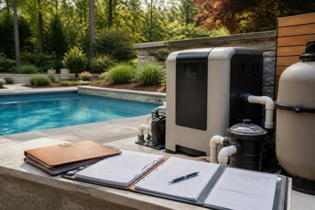 Pool heater startup records homeowner handover file beside residential pool equipment in North Carolina