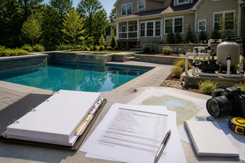 Pool inspection deficiency documentation checklist beside a residential pool project record binder in North Carolina