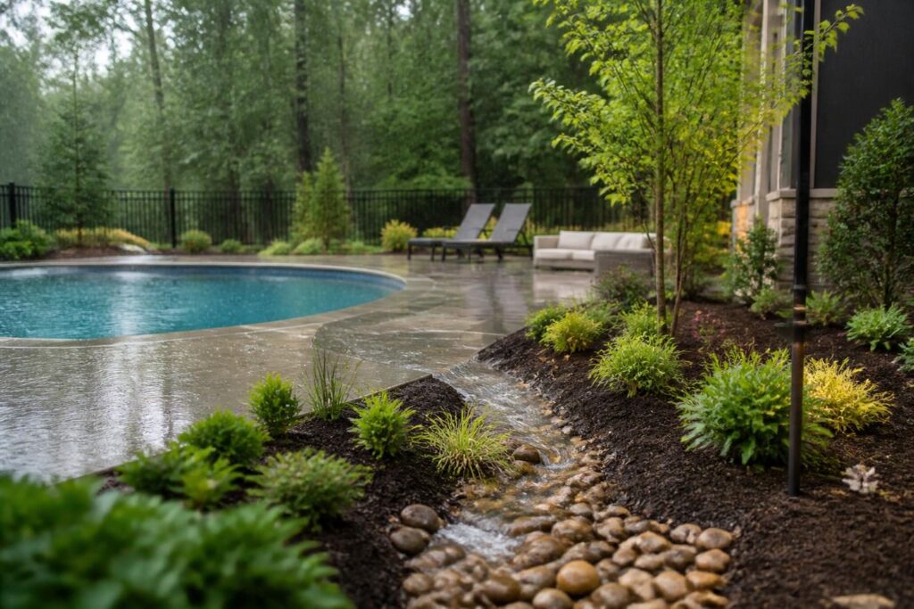 Pool landscape drainage inspection after planting during rain near a residential pool