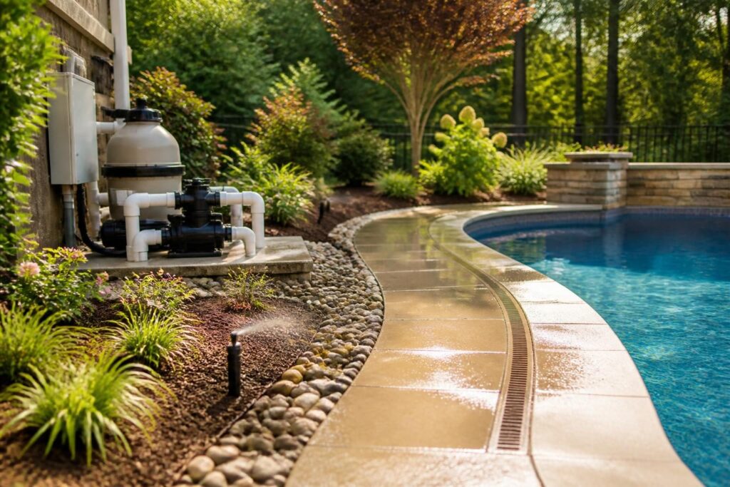 Pool landscape irrigation overspray backflow questions shown in a North Carolina backyard with protected pool surfaces and accessible equipment