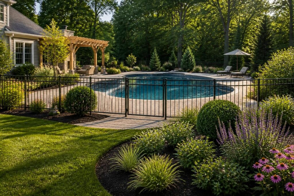 Pool landscaping planning with clear sight lines, safe barrier access, pollinator planting, and clean drainage around a North Carolina backyard pool