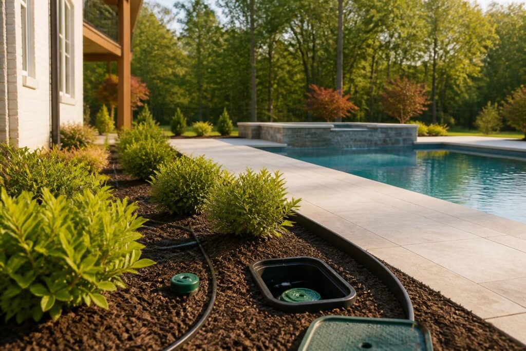 Pool landscaping root barrier planning shown beside a North Carolina residential pool planting bed
