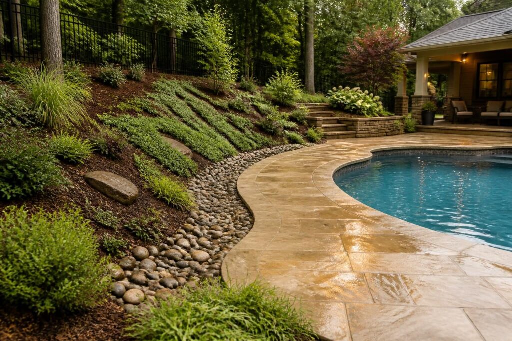Pool landscaping soil erosion control North Carolina with groundcover, edging, and runoff management beside a residential pool