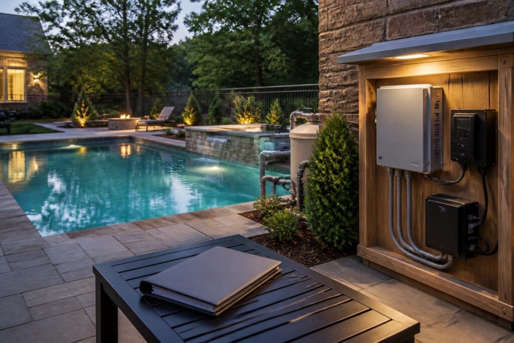 Pool lighting transformer control documentation beside a residential pool equipment area at dusk