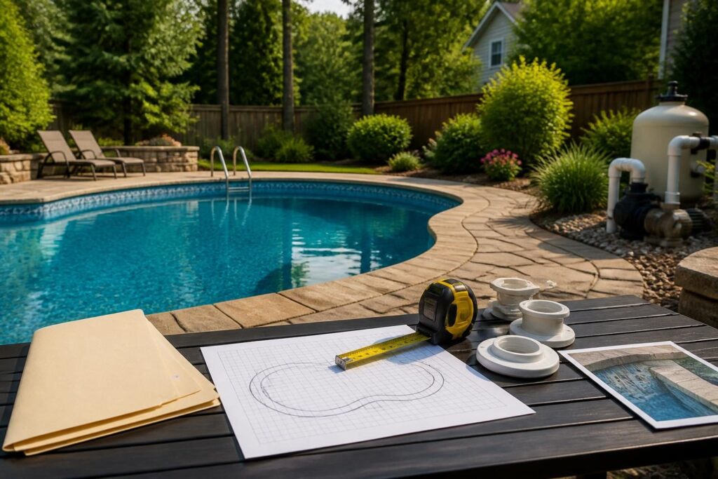 Pool liner replacement planning North Carolina measurements and records beside a residential vinyl pool