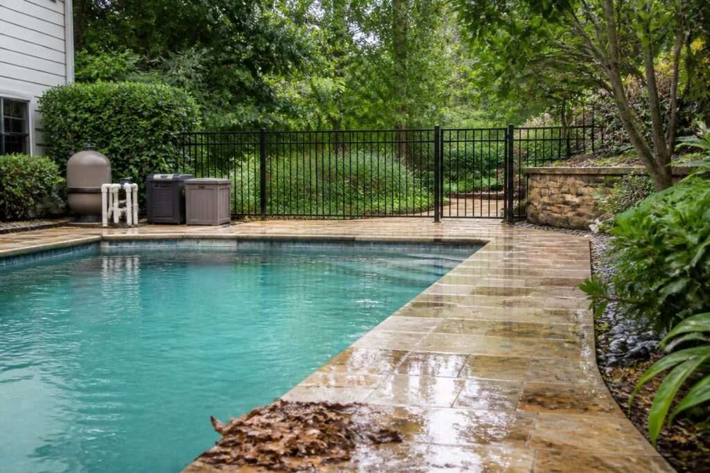 Pool maintenance after storms North Carolina checklist showing a safe residential pool inspection scene