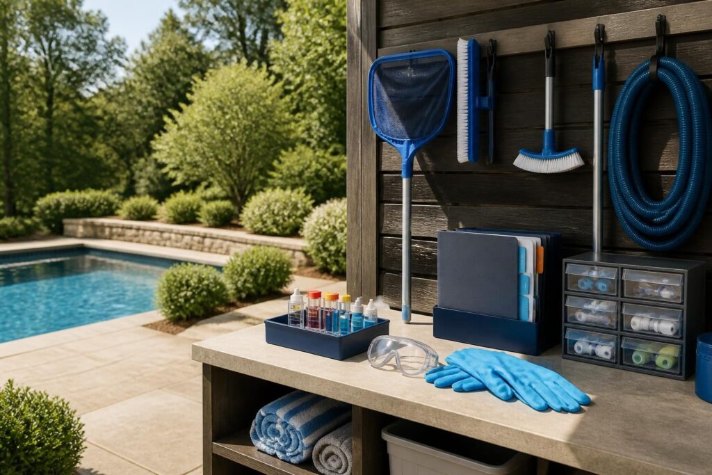 Pool maintenance supply organization checklist station with testing and cleaning supplies