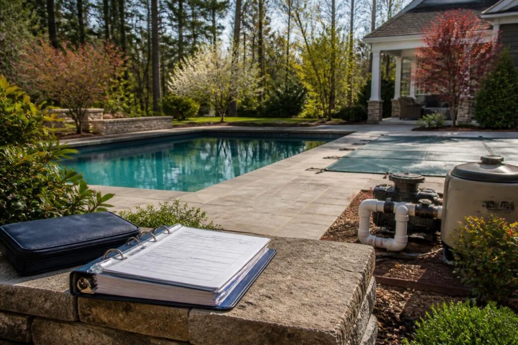 Pool opening closing records North Carolina homeowner seasonal handover file beside a residential pool
