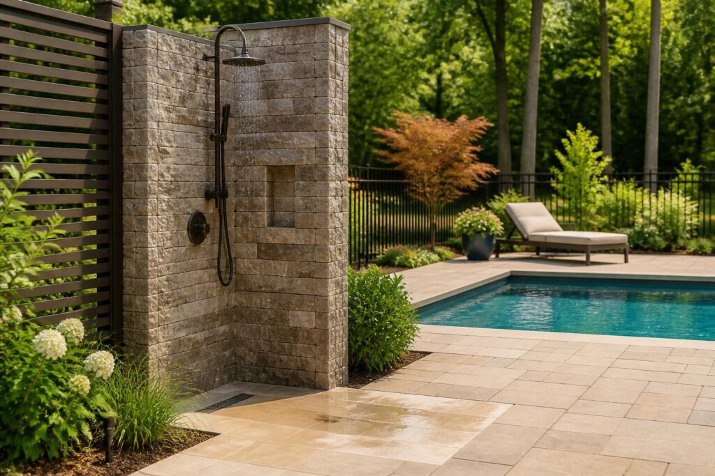 Pool outdoor shower drainage planning North Carolina with privacy screen and poolside rinse station
