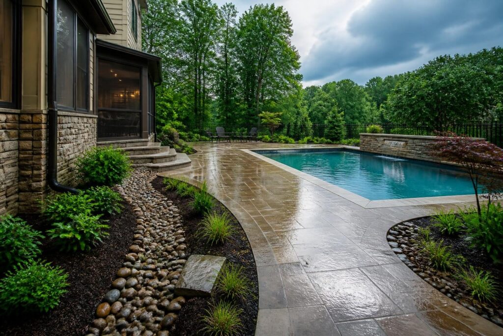 Pool overflow planning heavy rain North Carolina shown in a residential backyard with deck grades and a visible drainage path