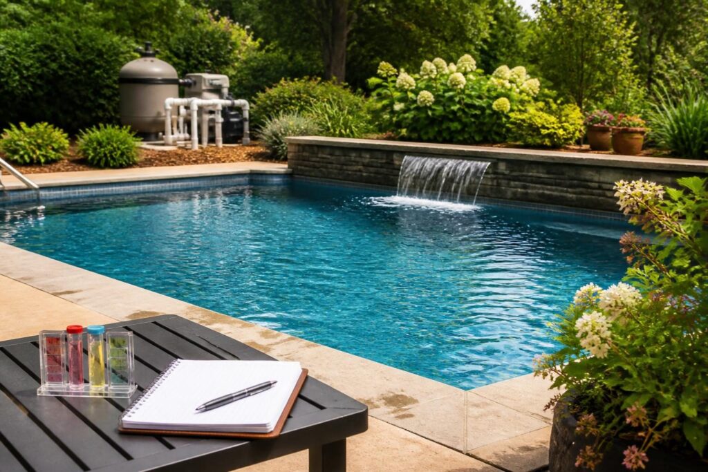Homeowner investigating pool pH drift North Carolina summer beside a residential pool with water feature and testing log