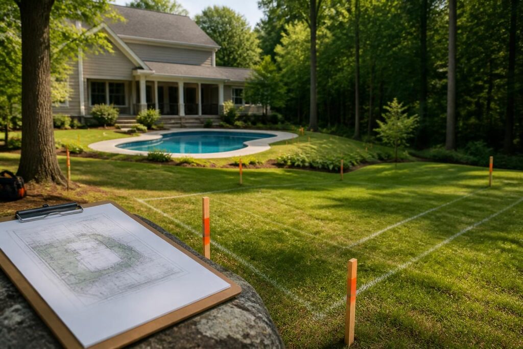 Pool planning near septic drainfield documentation shown with a site plan and marked backyard constraints in North Carolina