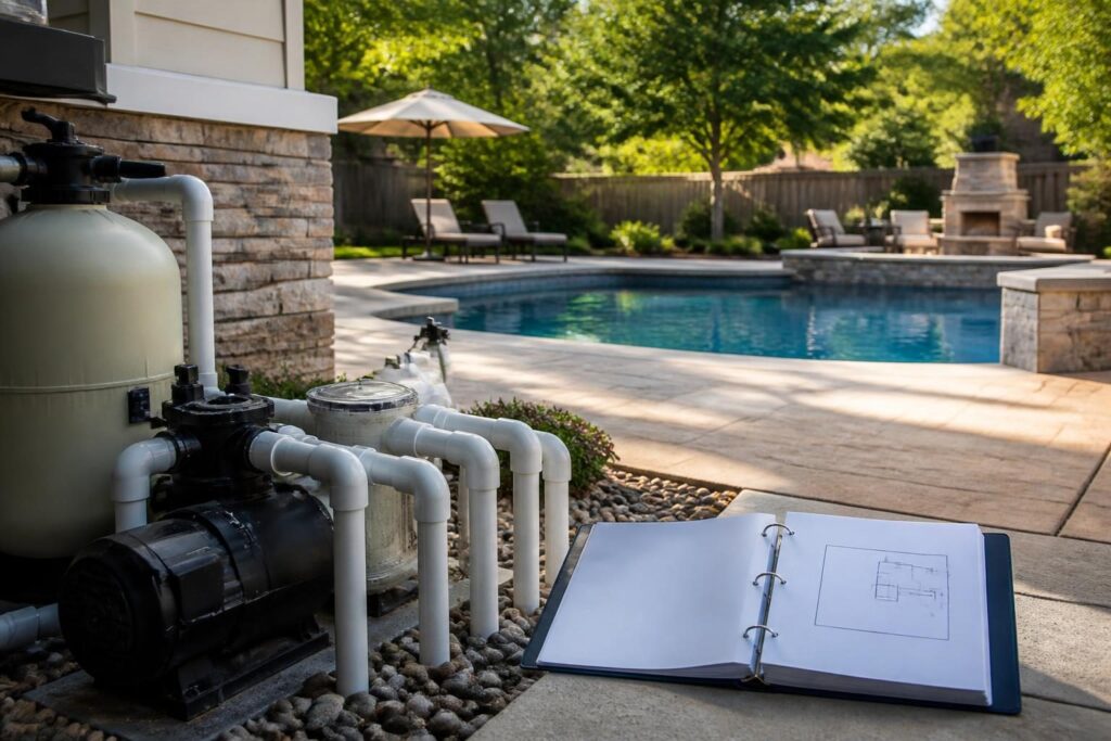 Pool plumbing as built diagram homeowner record beside labeled residential pool equipment