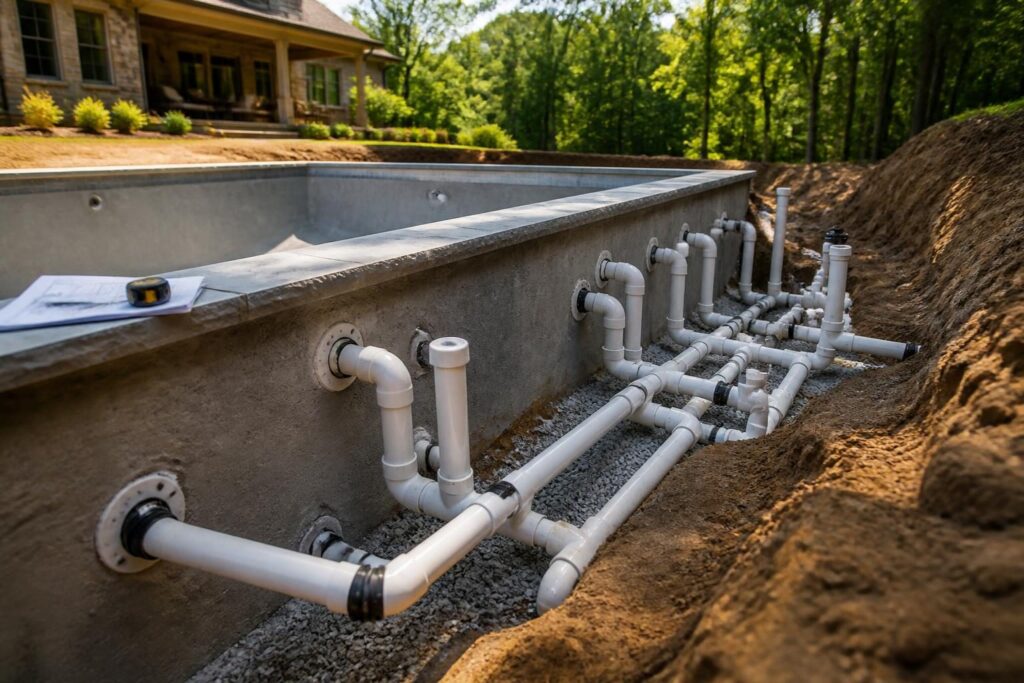 Labeled pool plumbing fittings before backfill documentation at a North Carolina residential pool construction site
