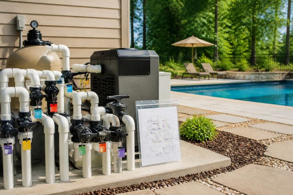 Pool plumbing valve labeling plan shown beside a residential pool equipment pad