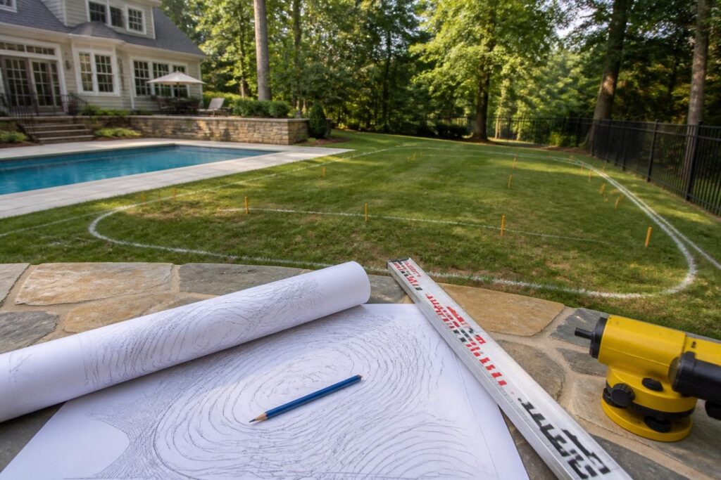 Pool property survey elevation questions shown with a contour drawing during North Carolina pool design review