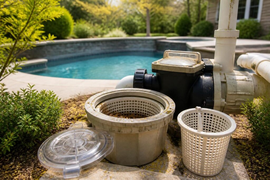 Pool pump basket skimmer maintenance North Carolina seasonal routine with clean baskets and equipment