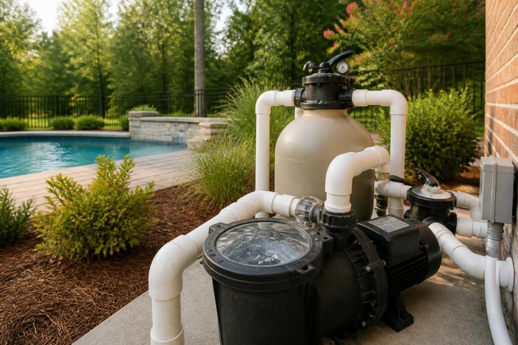 Pool pump priming air in system homeowner checks shown at a residential North Carolina equipment pad