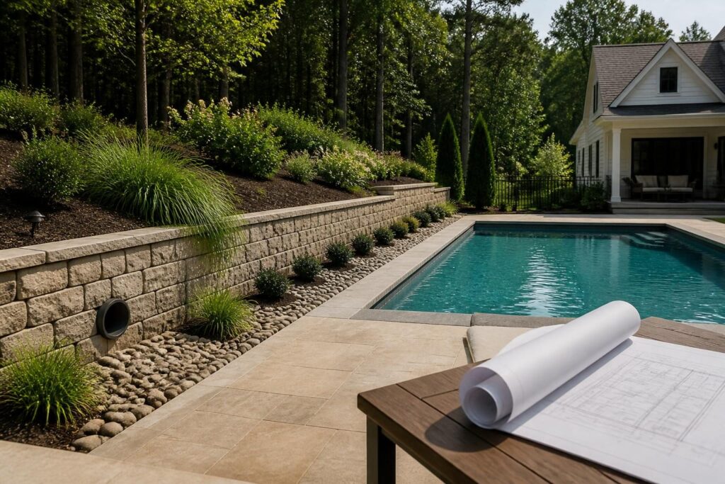Pool retaining wall drainage documentation questions shown in a North Carolina backyard with a pool, graded landscape, and retaining wall outlet