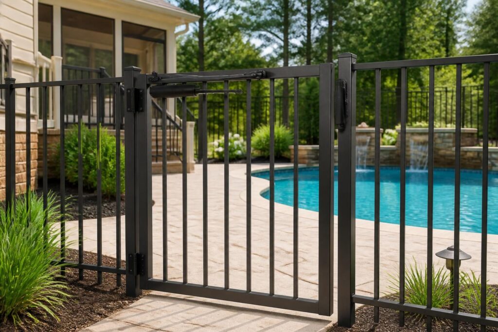 Pool safety barrier gate hardware inspection checklist shown on a residential pool gate in North Carolina
