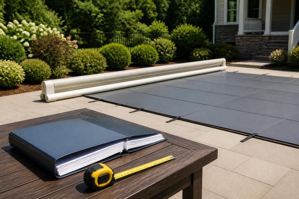 Pool safety cover installation records handover documents beside a residential pool safety cover
