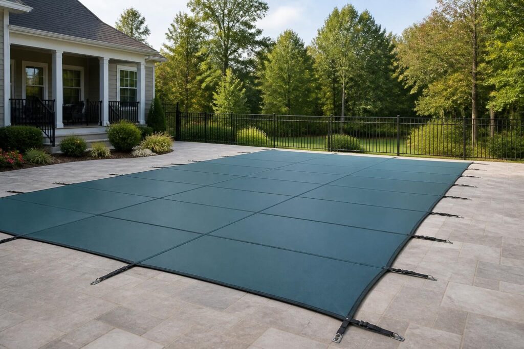 Pool safety cover planning North Carolina homeowners comparing a fitted cover, deck anchors, and surrounding barrier