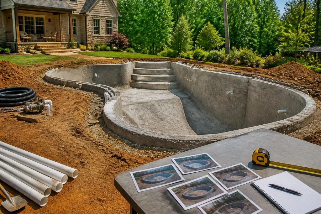 Pool shell inspection before backfill showing visible fittings and documented construction details