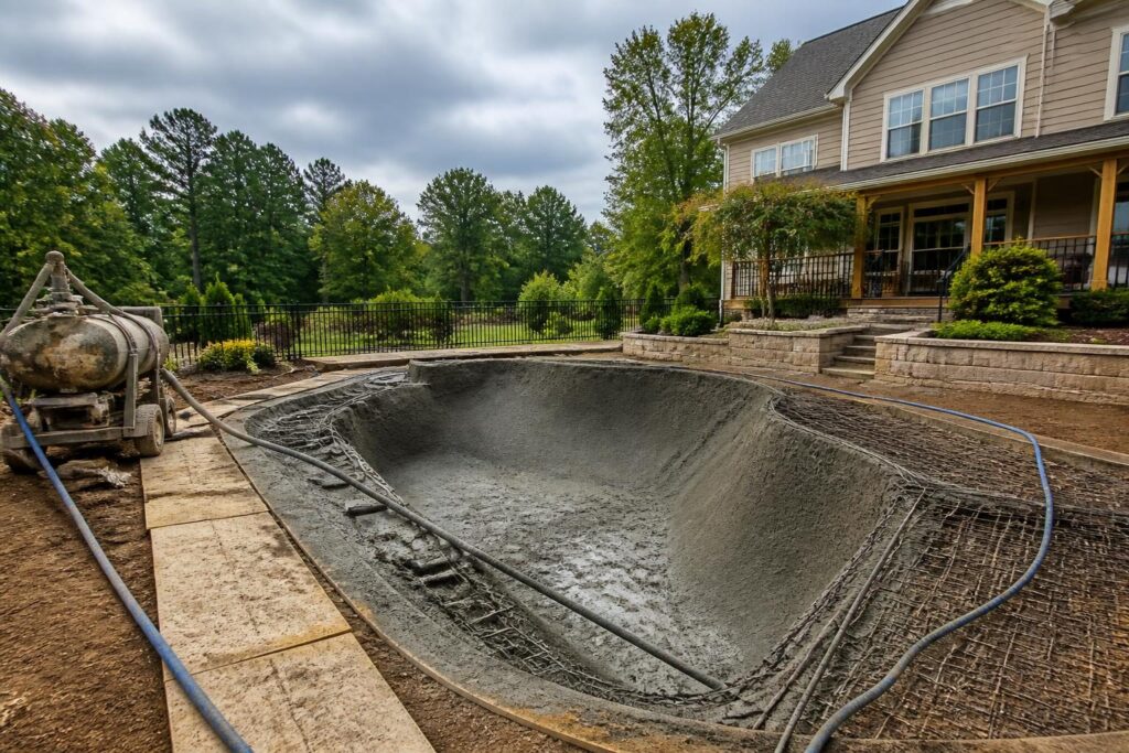 Pool shotcrete placement homeowner checklist showing a documented residential pool shell construction site in North Carolina