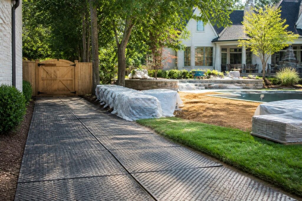 Pool site access agreement checklist North Carolina showing protected driveway, temporary route, gate, and landscaping before construction