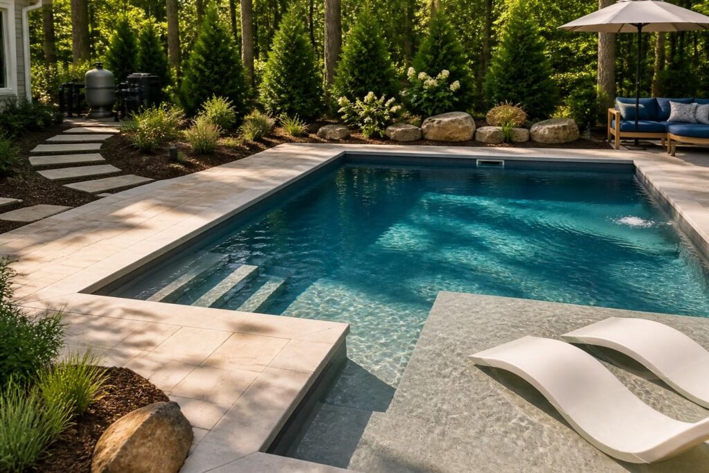 Pool skimmer return location planning shown in a North Carolina residential pool design