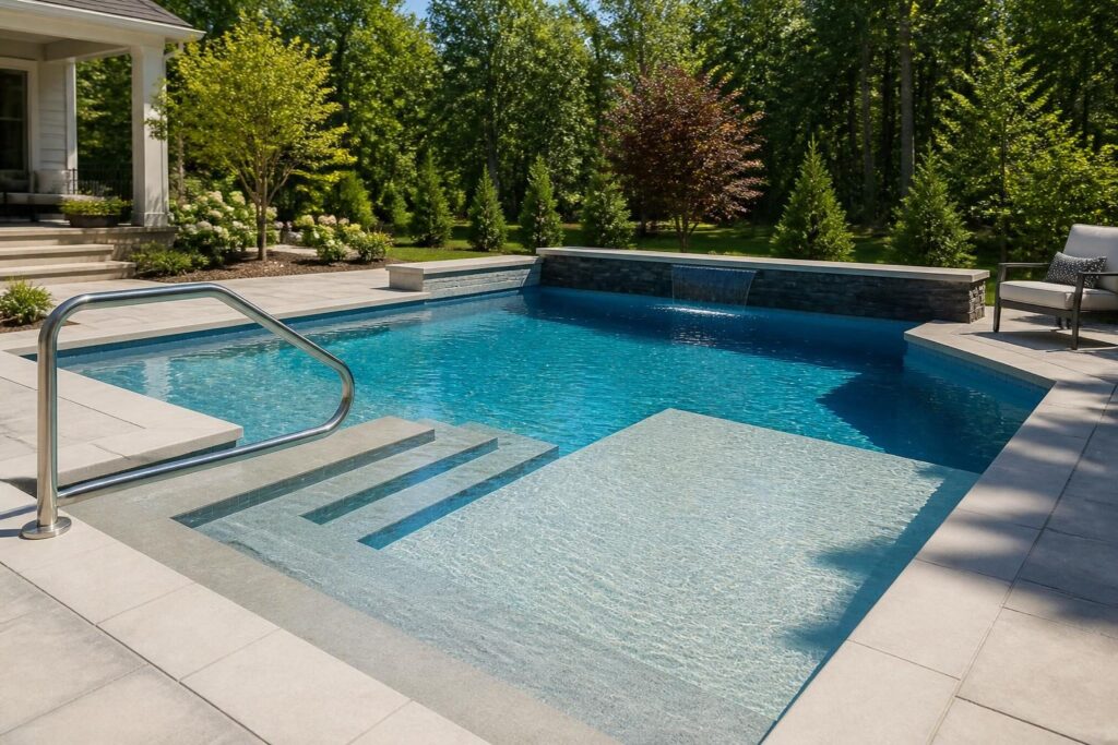 Pool steps benches ledges planning with a shallow tanning ledge, integrated bench, and handrail