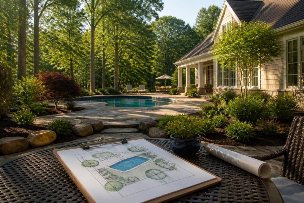 Pool sun and shade mapping North Carolina shown in a residential backyard site planning scene