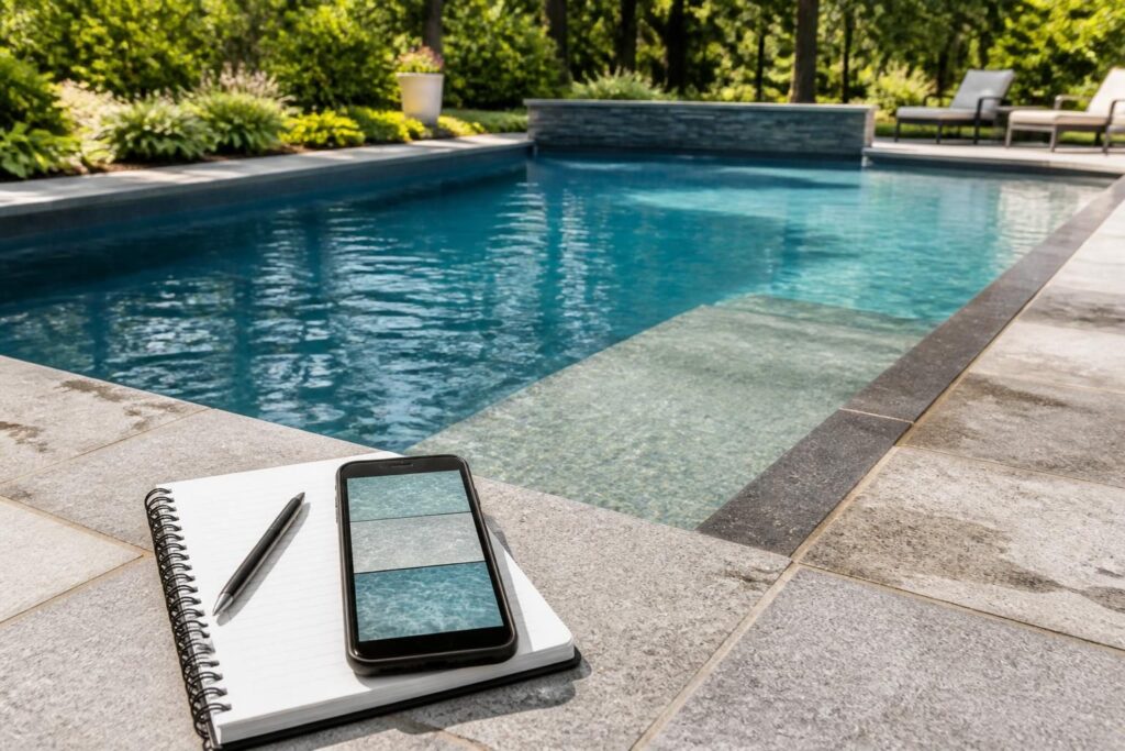 Pool surface discoloration tracking log beside photographs of a residential pool surface