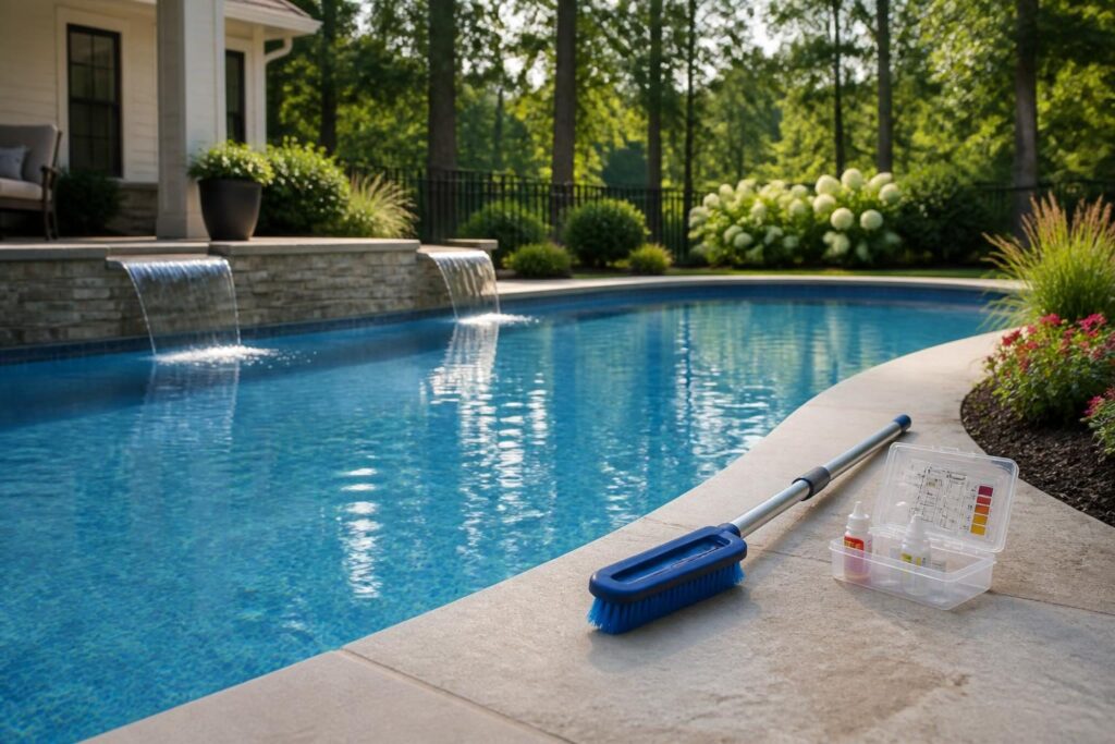 Pool surface startup care after resurfacing shown with a clean newly finished residential pool, brush, and water test kit