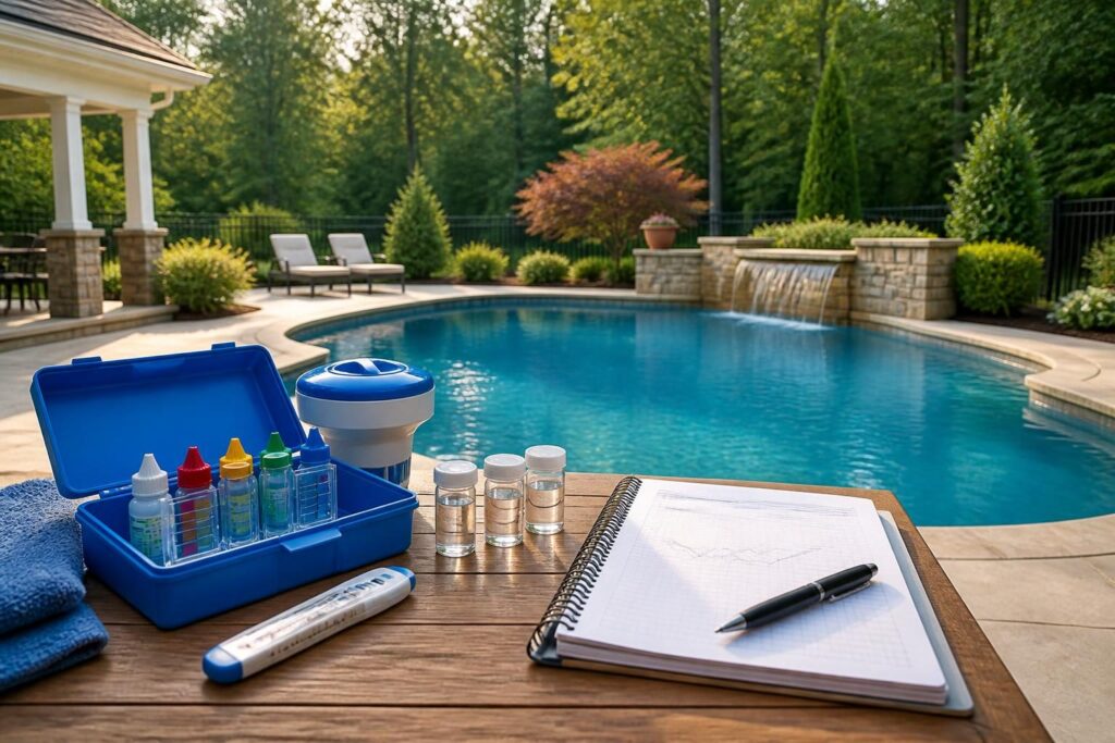 Pool total alkalinity tracking North Carolina homeowner using a test kit and water-care log beside a residential pool