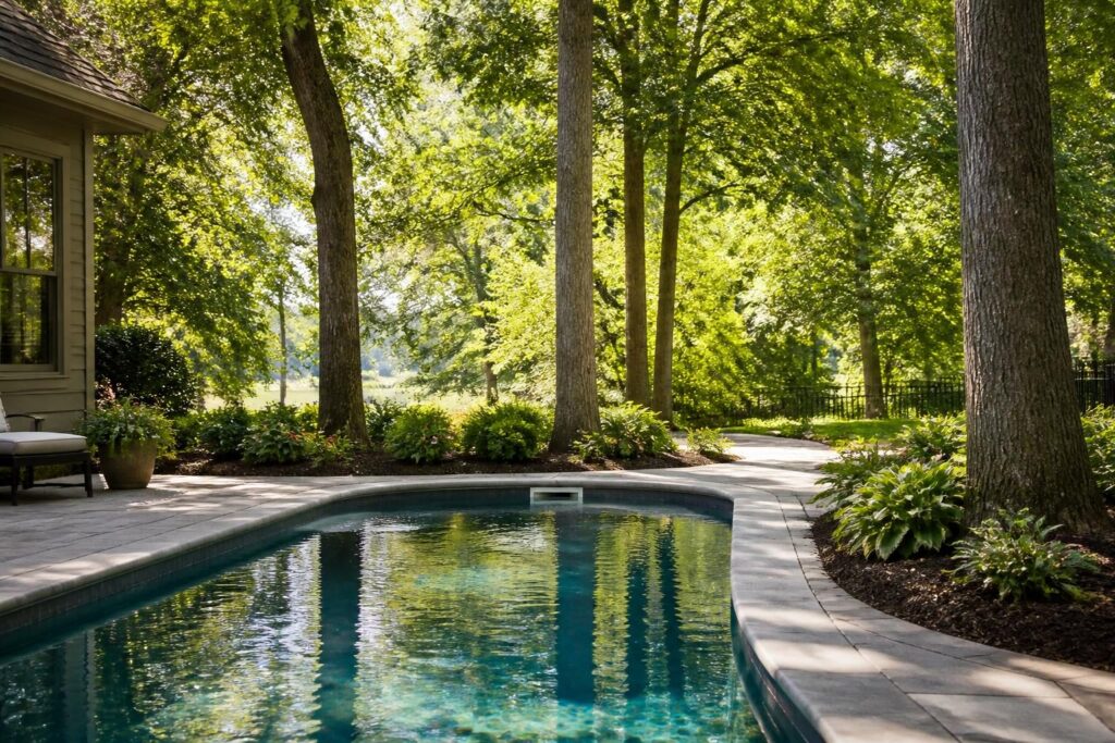 Pool tree canopy leaf load planning North Carolina shown beside a residential backyard pool with mature trees and clear maintenance access