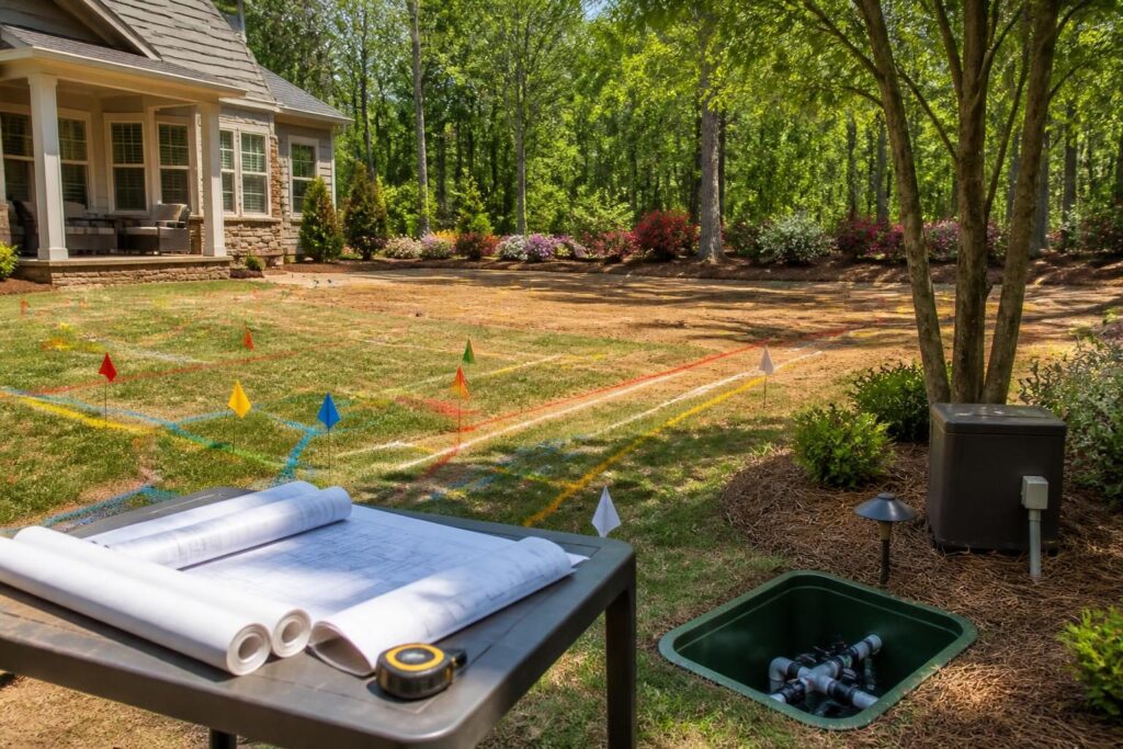 Pool utility marking checklist before excavation shown on a North Carolina residential construction site