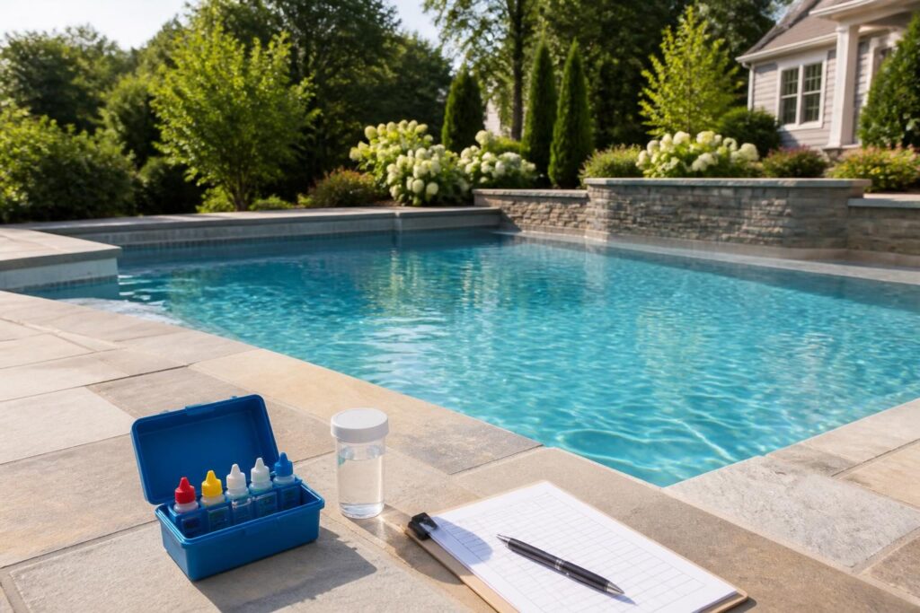 Pool water balance after fresh fill North Carolina testing sequence beside a residential pool